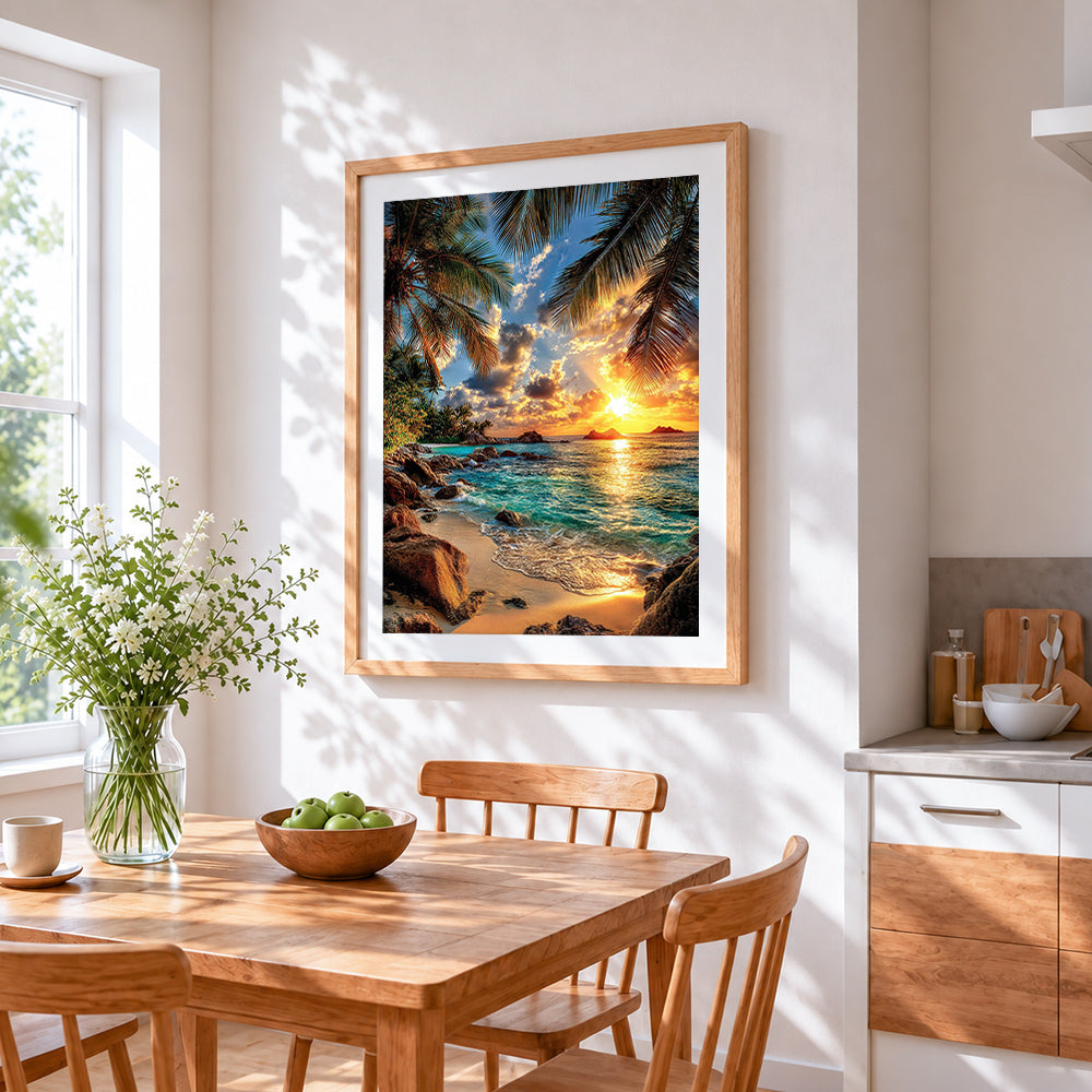 Tropical sunset through palm leaves cross stitch artwork displayed on wall as home decor