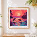 Finished tropical sunset with dolphins cross stitch artwork displayed
