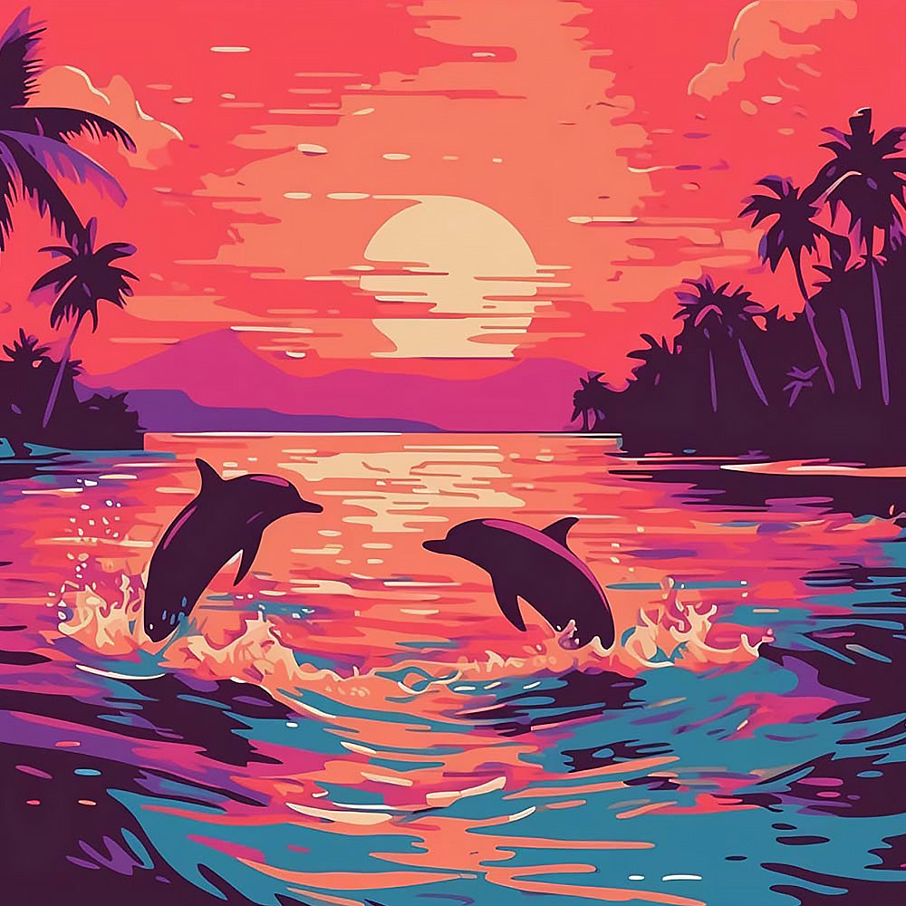 Tropical sunset with dolphins cross stitch kit for beginners