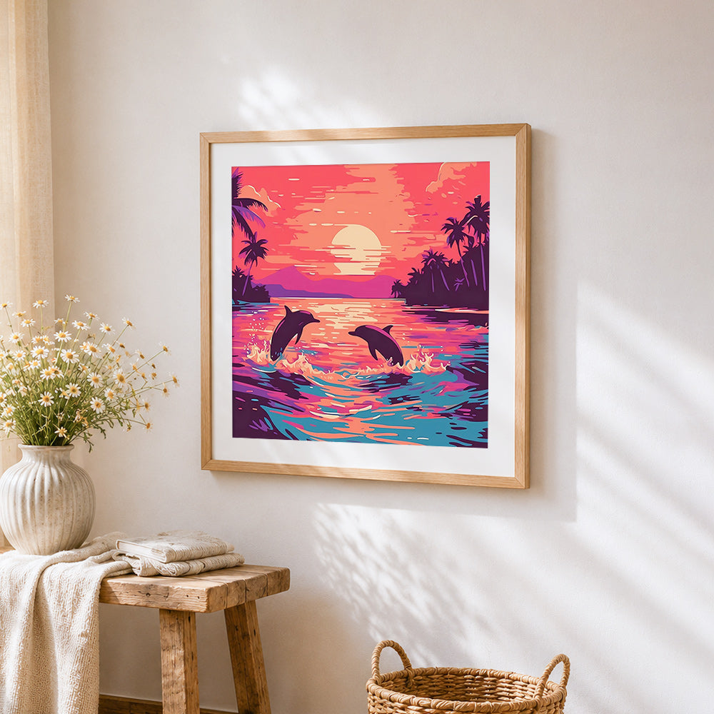 Tropical sunset with dolphins cross stitch artwork displayed on wall as home decor