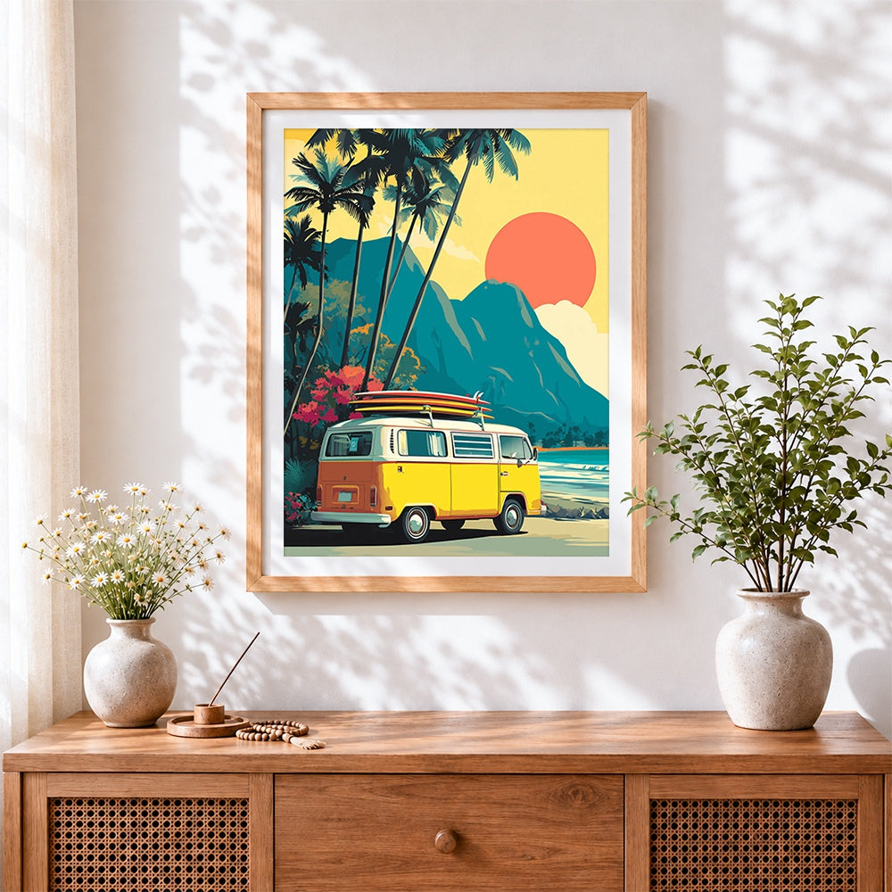 Finished tropical surf camper van cross stitch artwork displayed