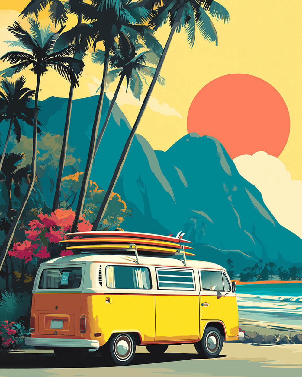 Tropical surf camper van cross stitch kit for beginners