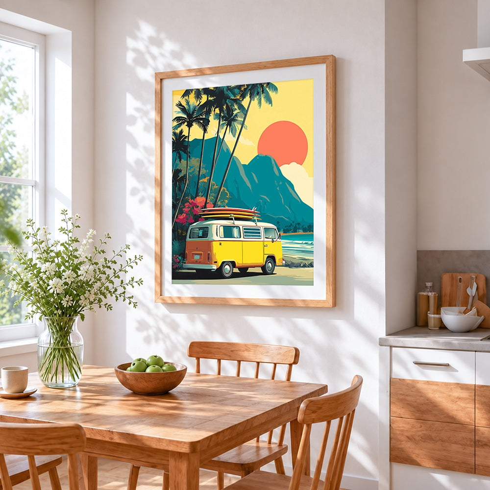 Tropical surf camper van cross stitch artwork displayed on wall as home decor