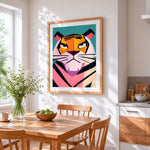 Tsundere cartoon tiger cross stitch artwork displayed on wall as home decor
