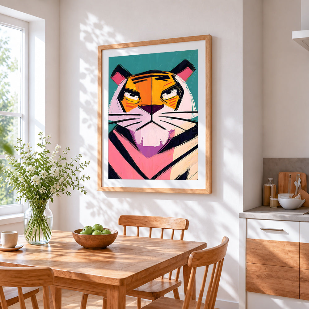 Tsundere cartoon tiger cross stitch artwork displayed on wall as home decor
