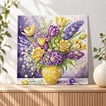 Finished tulip and lavender flower vase pearl diamond painting artwork displayed as holiday home decor