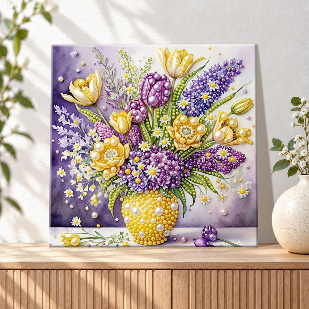 Finished tulip and lavender flower vase pearl diamond painting artwork displayed as holiday home decor