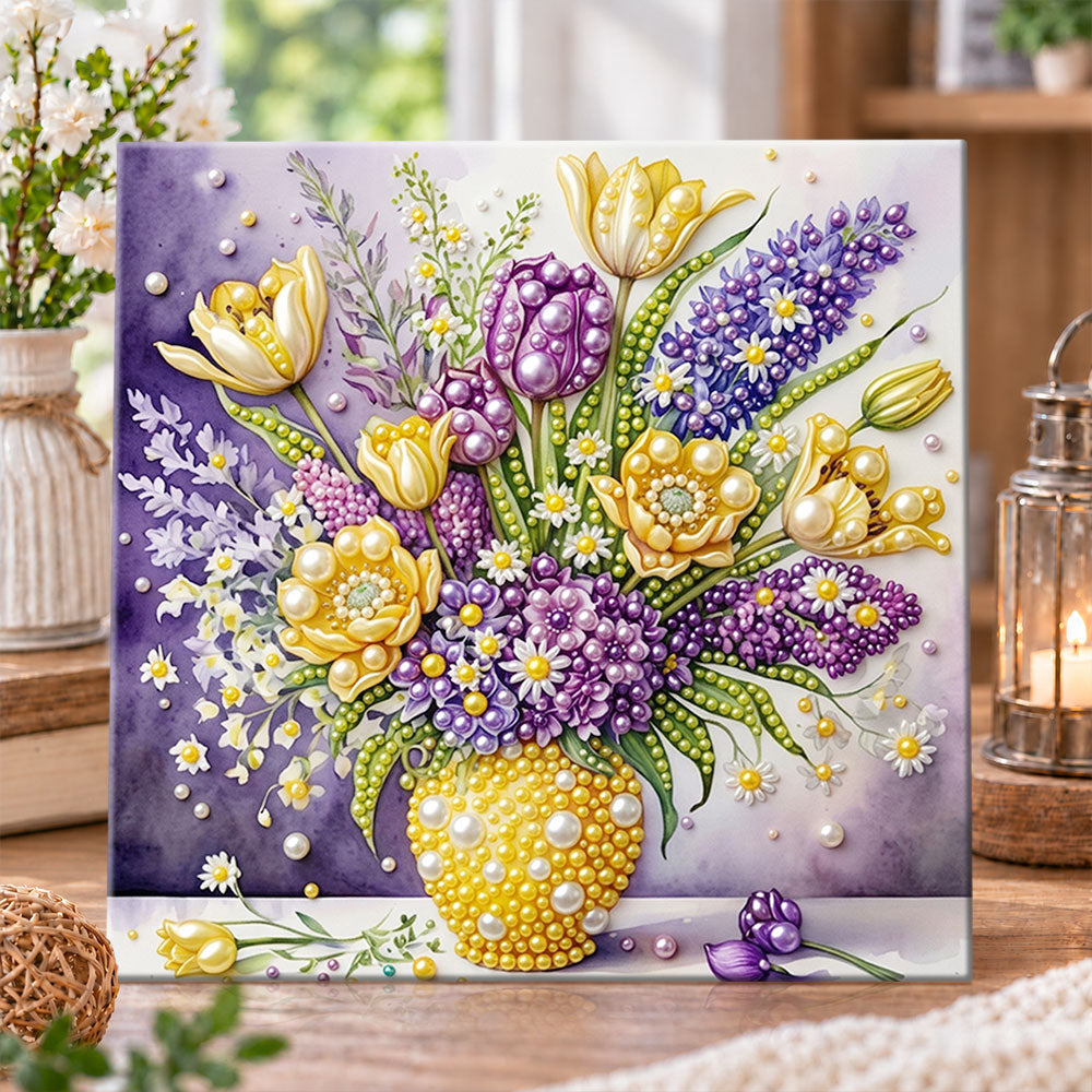 Tulip and lavender flower vase pearl diamond painting kit for beginners