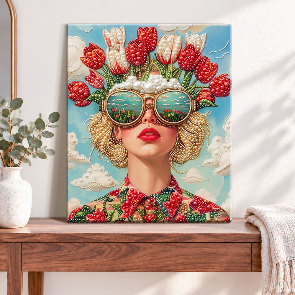 Finished tulip dream portrait pearl diamond painting artwork displayed as home decor