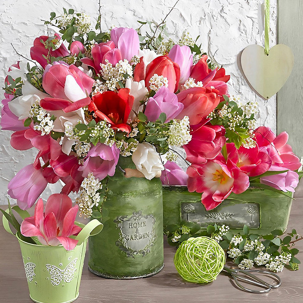 Tulips in a green jug cross stitch kit for beginners