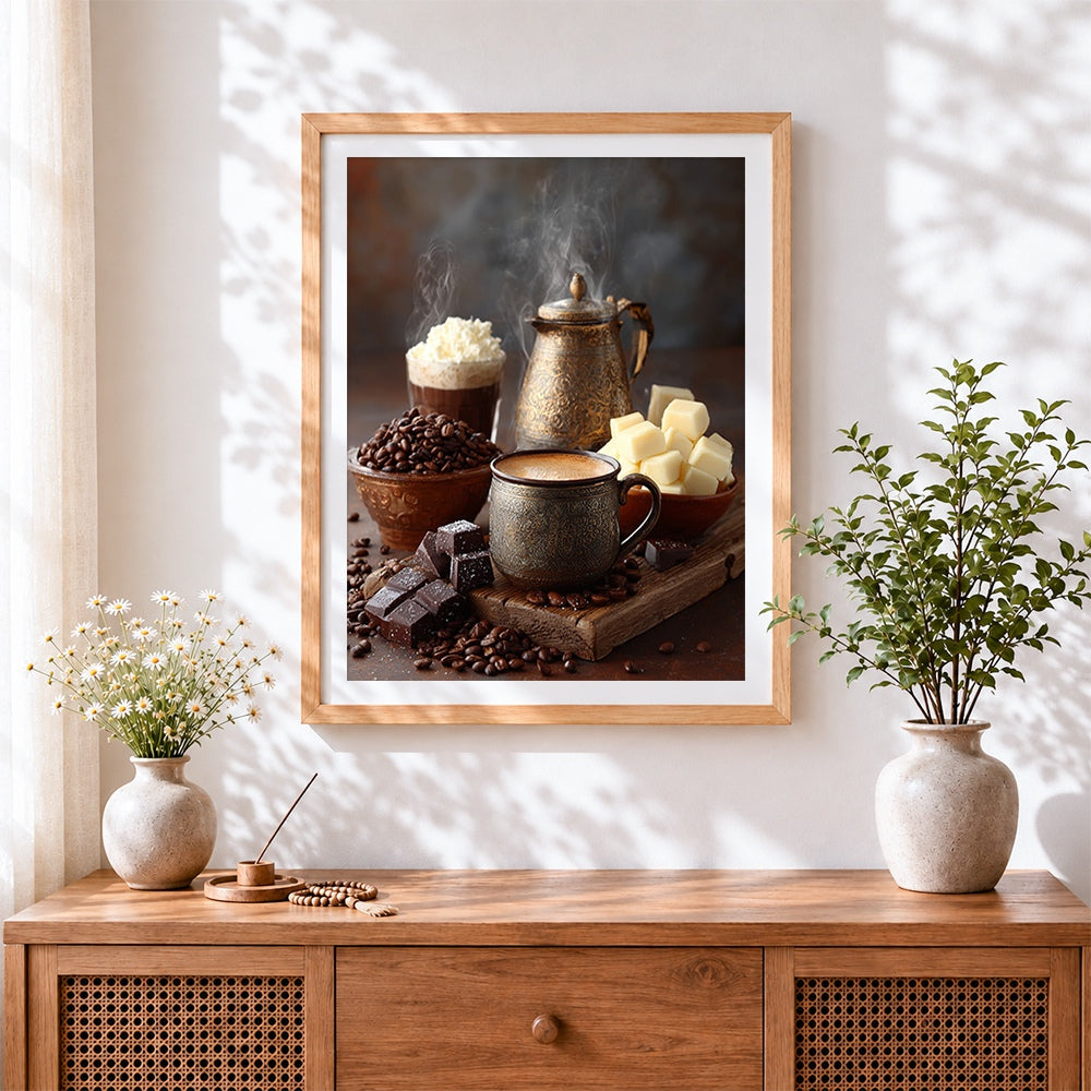 Finished turkish coffee and chocolate cross stitch artwork displayed