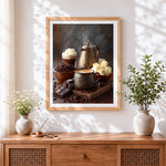 Finished turkish coffee and chocolate cross stitch artwork displayed