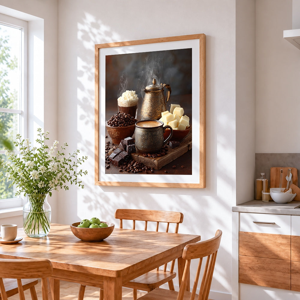 Turkish coffee and chocolate cross stitch artwork displayed on wall as home decor