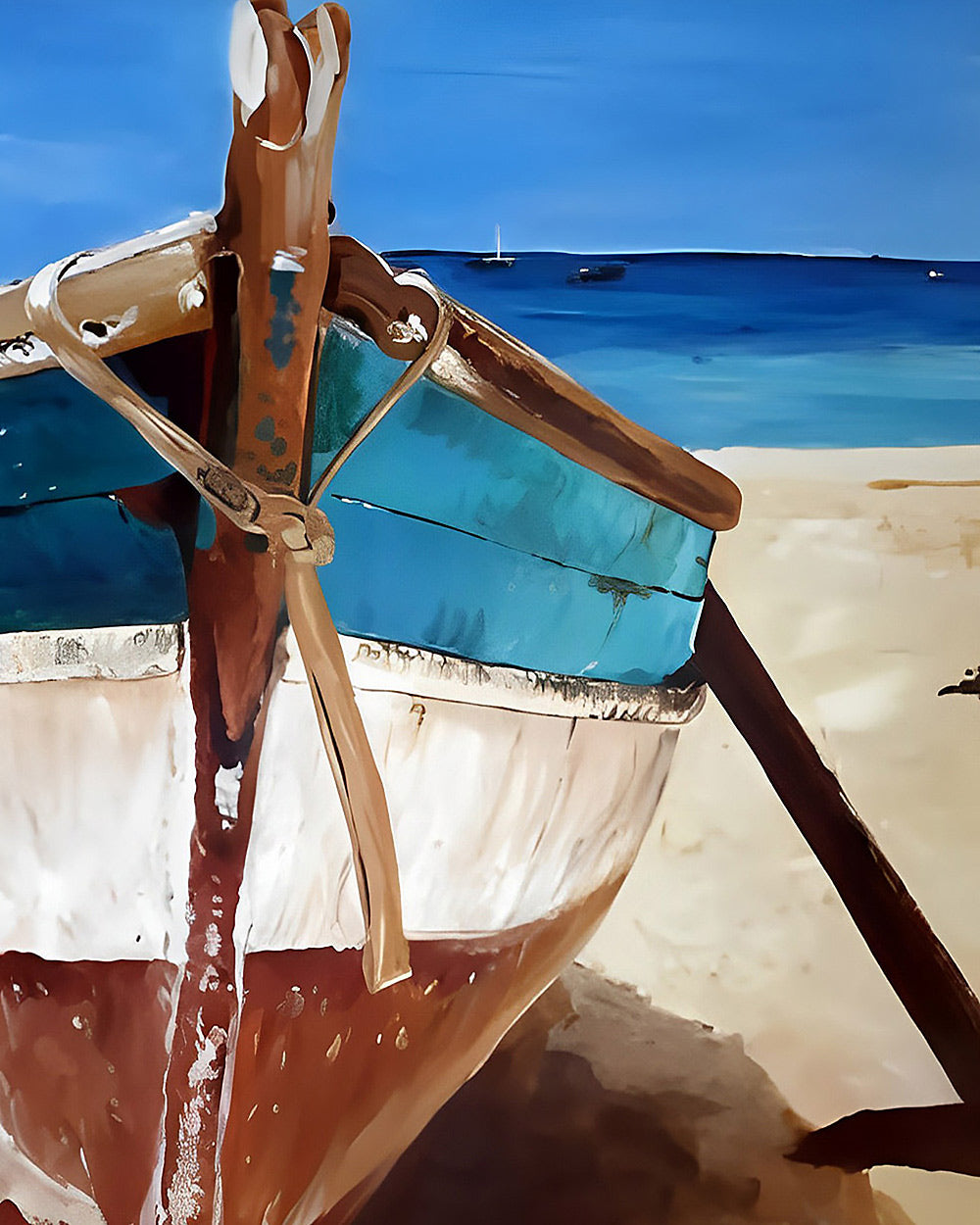 Turquoise boat on beach cross stitch kit for beginners