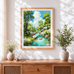 Finished turquoise mountain stream and rocks cross stitch artwork displayed