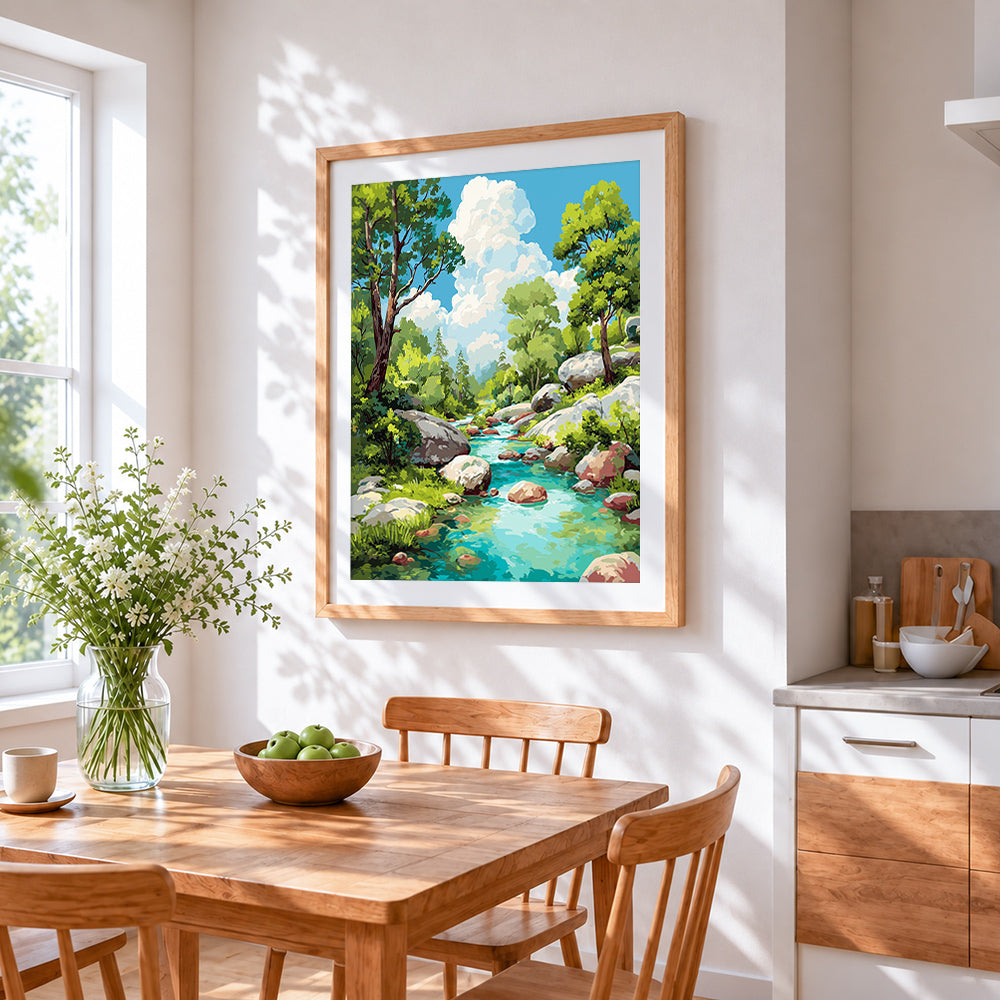 Turquoise mountain stream and rocks cross stitch artwork displayed on wall as home decor