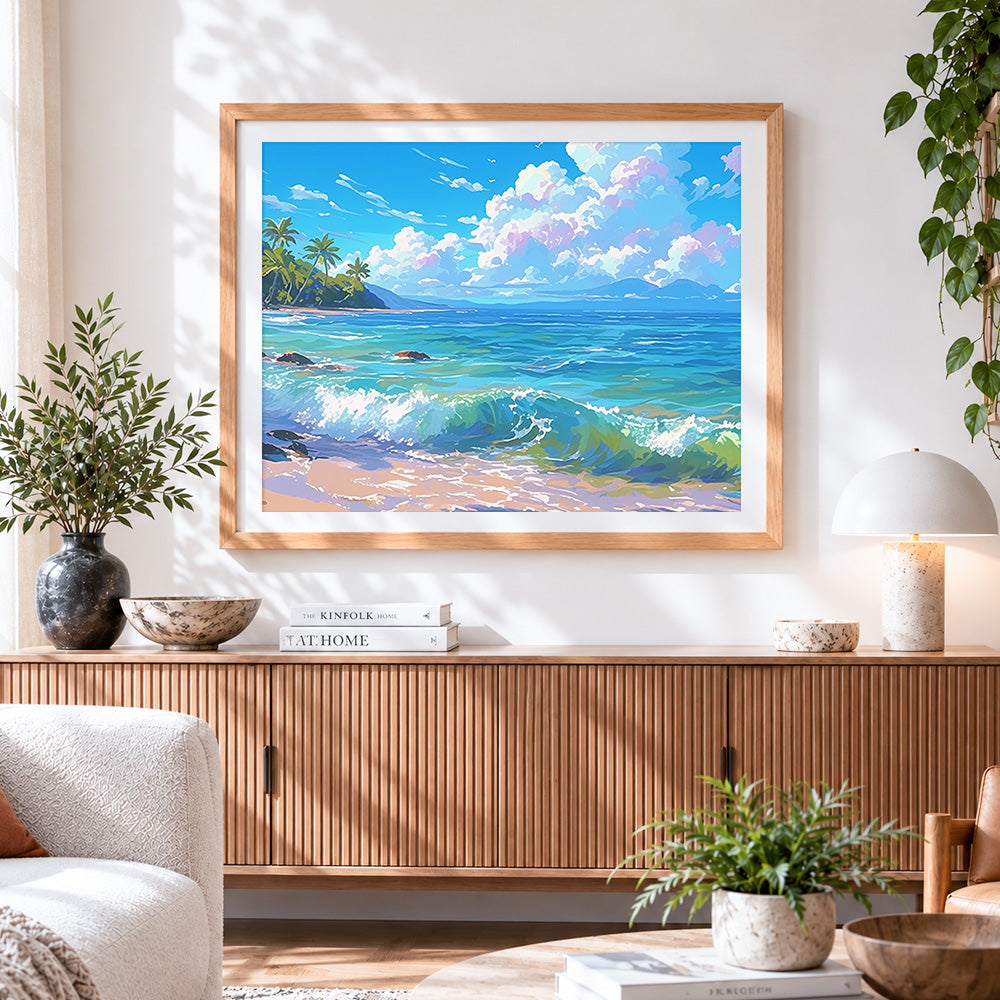 Finished turquoise ocean waves paint by numbers artwork displayed as home decor
