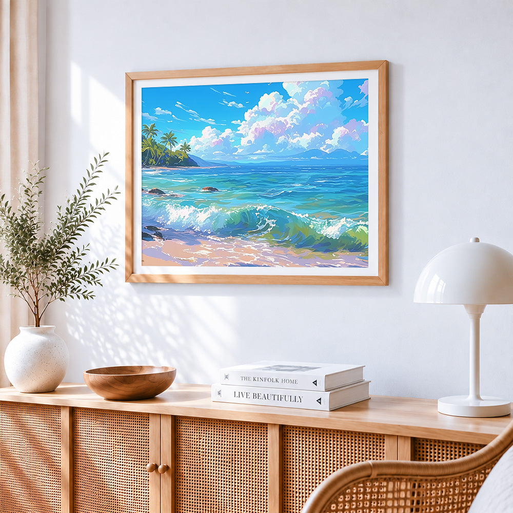Turquoise ocean waves paint by numbers artwork displayed on wall as home decor