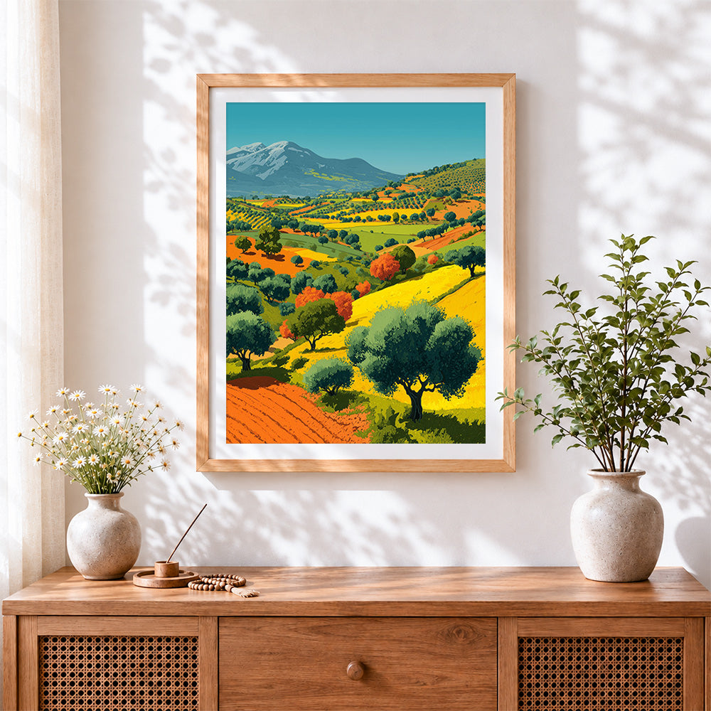 Finished tuscan rolling hills and olive trees cross stitch artwork displayed