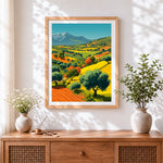 Finished tuscan rolling hills and olive trees cross stitch artwork displayed