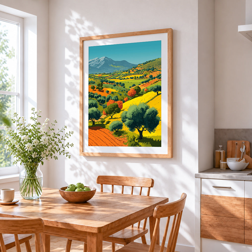 Tuscan rolling hills and olive trees cross stitch artwork displayed on wall as home decor