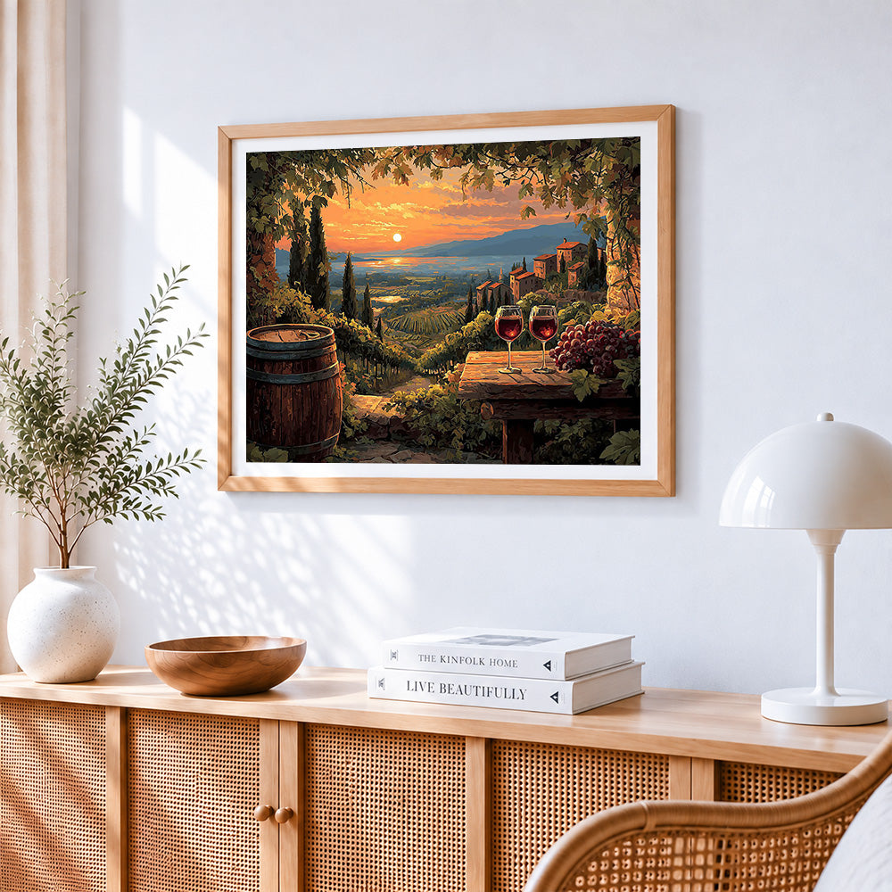 Tuscan vineyard sunset cross stitch artwork displayed on wall as home decor