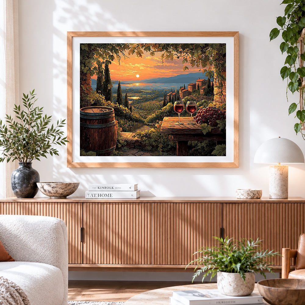 Finished tuscan vineyard sunset paint by numbers artwork displayed as home decor