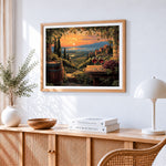 Tuscan vineyard sunset paint by numbers artwork displayed on wall as home decor