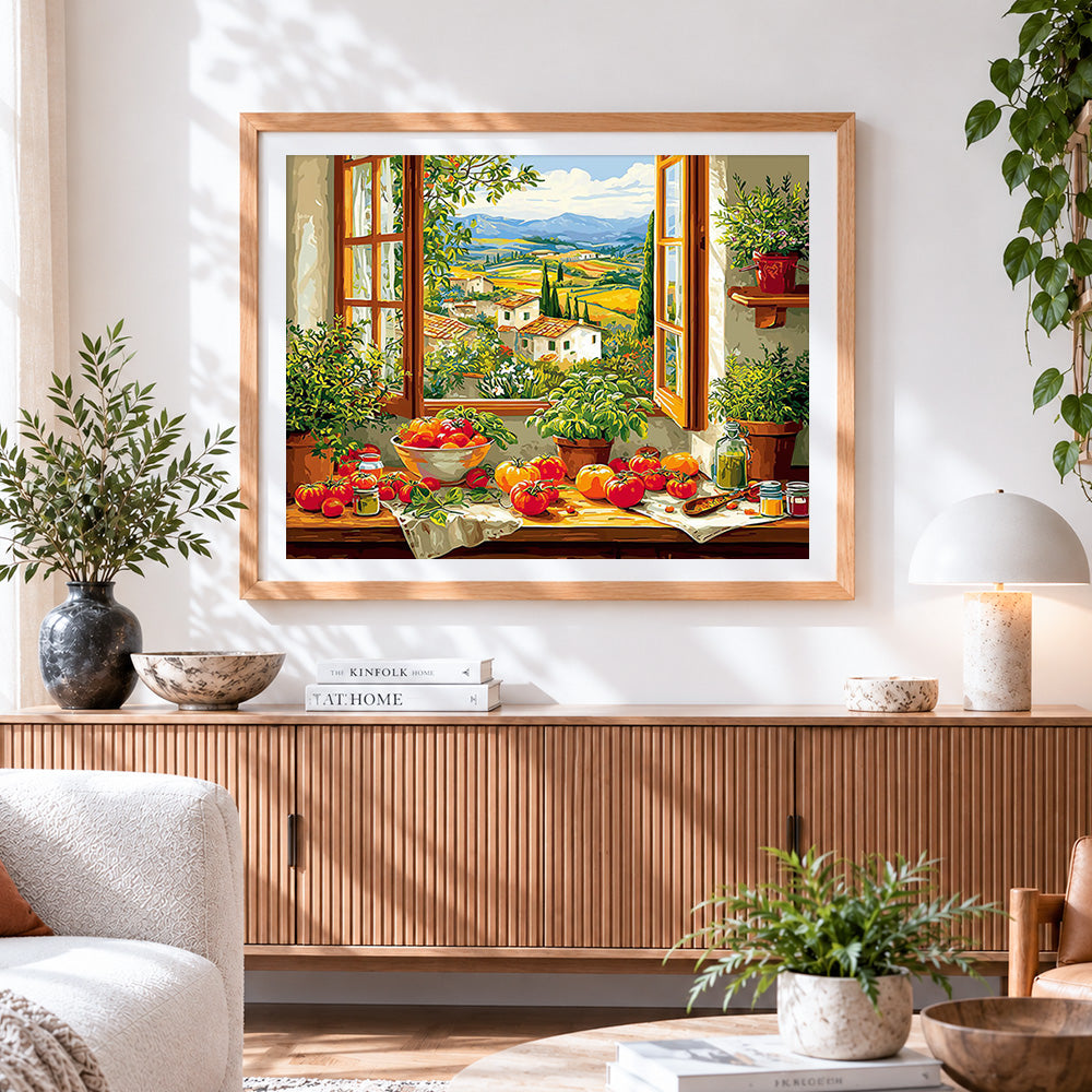 Finished tuscan window with tomatoes cross stitch artwork displayed