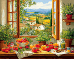 Tuscan window with tomatoes cross stitch kit for beginners