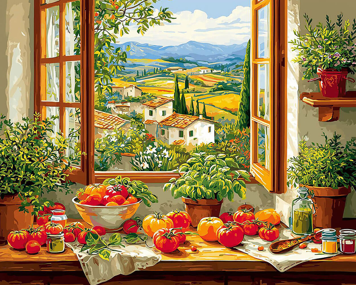Tuscan window with tomatoes cross stitch kit for beginners