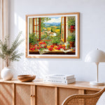 Tuscan window with tomatoes cross stitch artwork displayed on wall as home decor