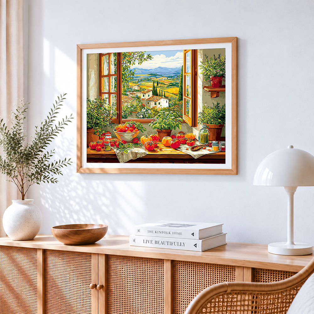 Tuscan window with tomatoes cross stitch artwork displayed on wall as home decor