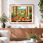 Finished tuscan window with tomatoes paint by numbers artwork displayed as home decor