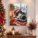 Finished tuxedo cat by winter window pearl diamond painting artwork displayed as holiday home decor