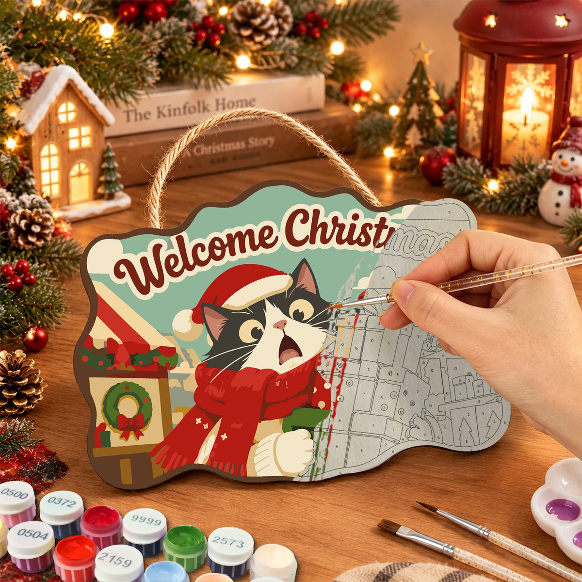 Tuxedo cat with gifts paint by numbers door hanger painting process