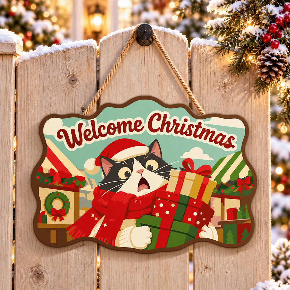 Tuxedo cat with gifts paint by numbers door hanger on a garden gate