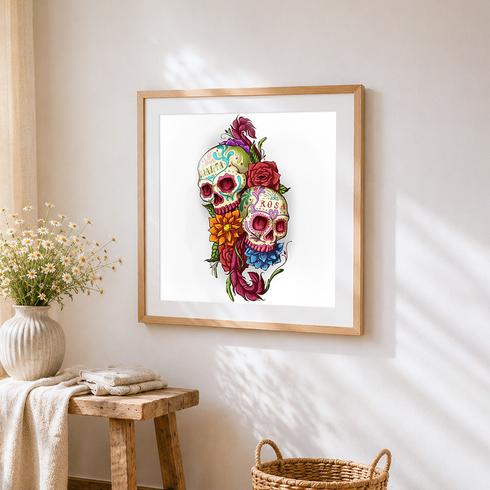 Twin sugar skulls cross stitch artwork displayed on wall as home decor