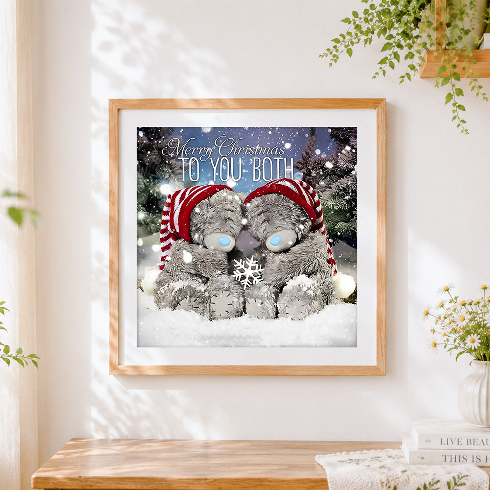 Finished two bears "merry christmas to you both" cross stitch artwork displayed