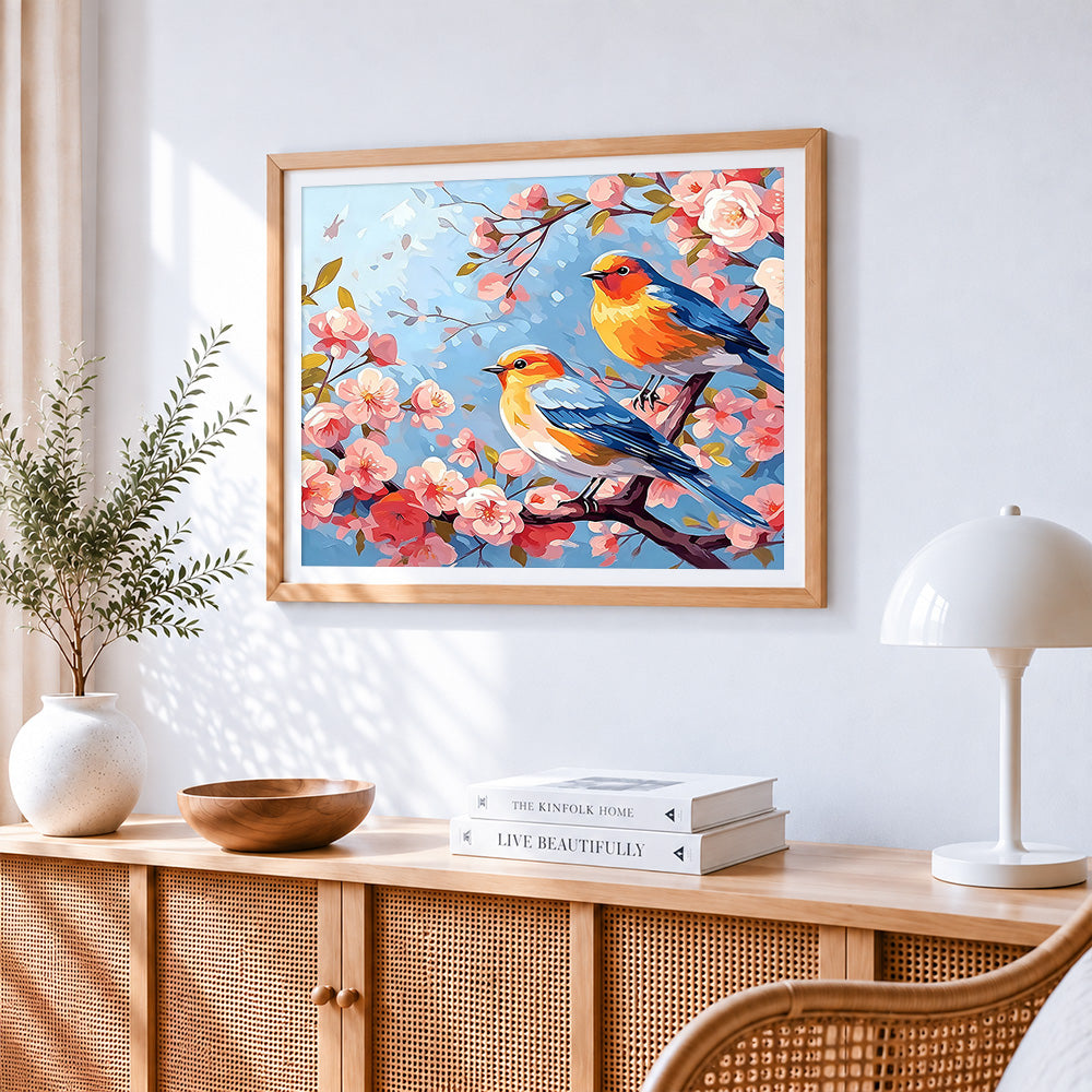 Two birds on a cherry blossom branch paint by numbers artwork displayed on wall as home decor