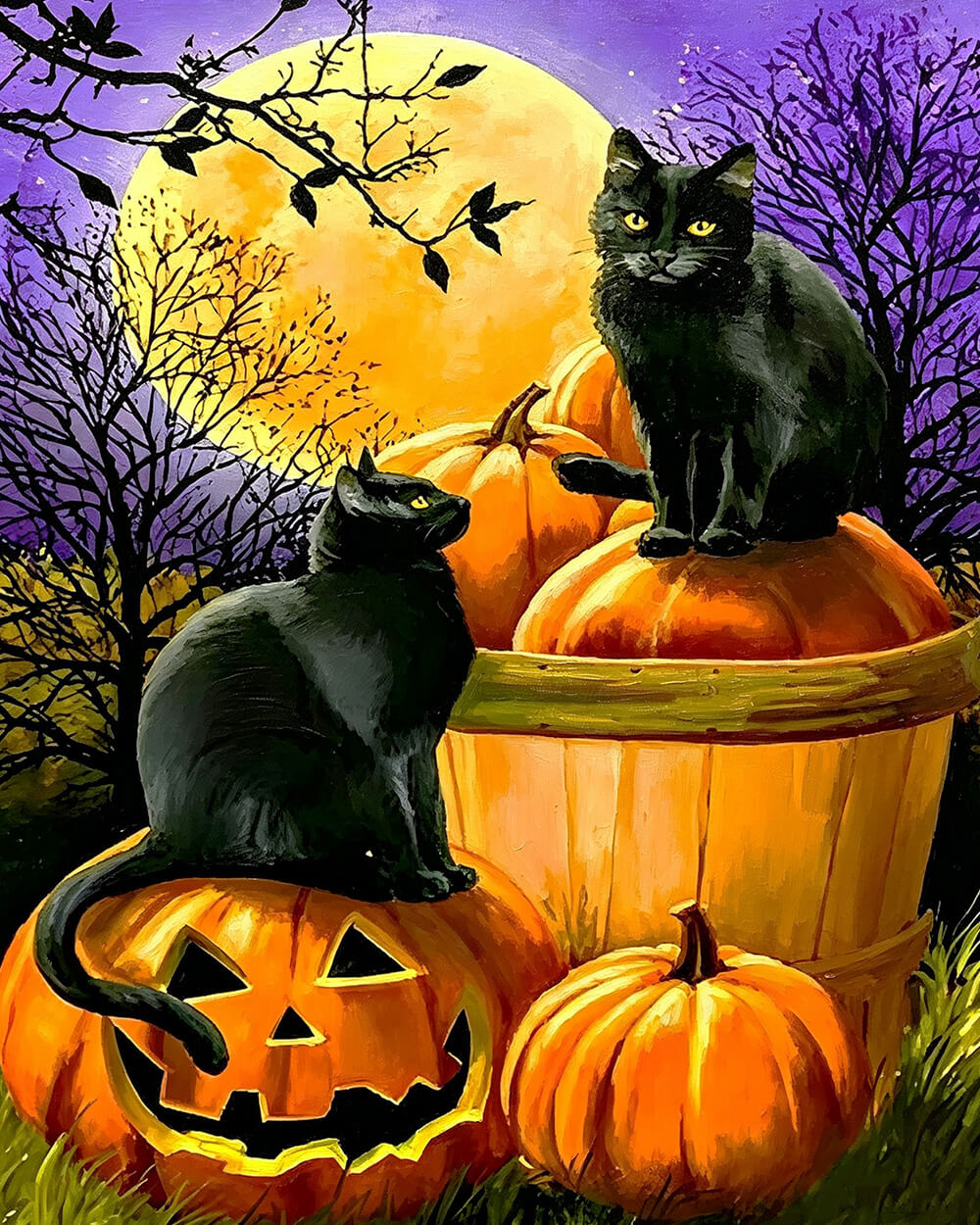 Two black cats on pumpkins under a full moon cross stitch kit for beginners