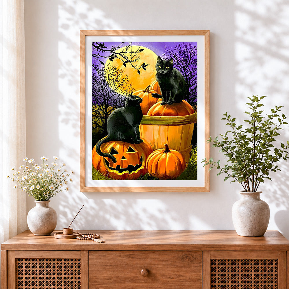 Finished two black cats on pumpkins under a full moon paint by numbers artwork displayed as home decor