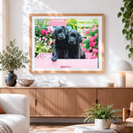 Finished two black labrador puppies in pink box cross stitch artwork displayed