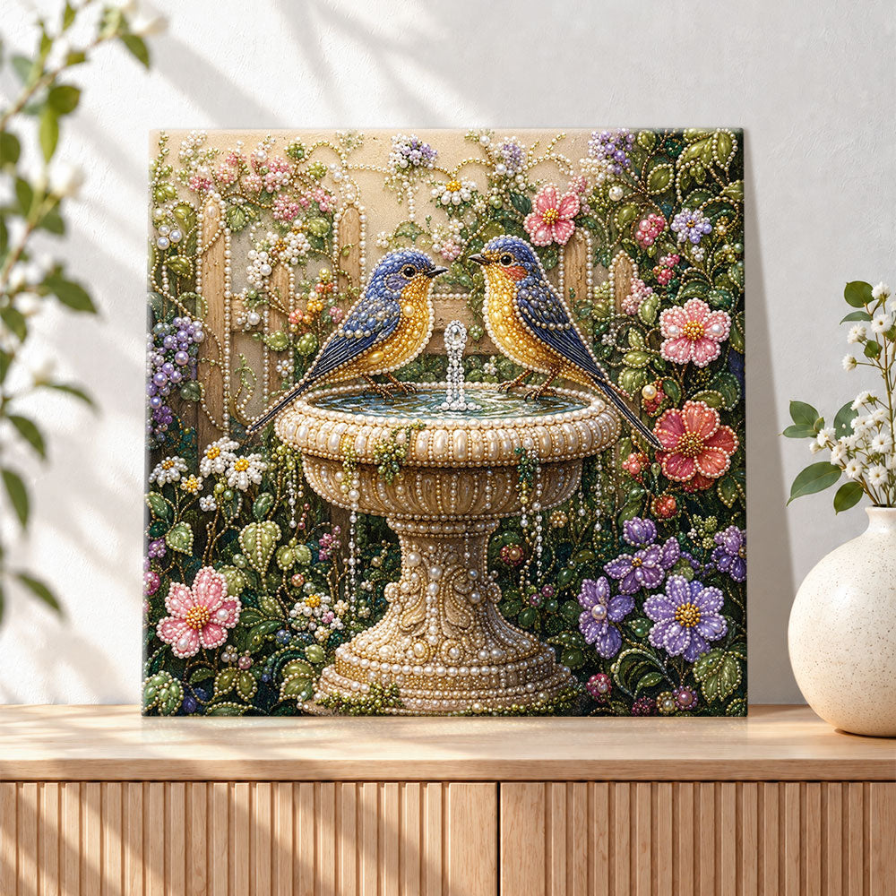 Finished two blue birds at garden fountain pearl diamond painting artwork displayed as holiday home decor