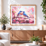 Finished two bluebirds on a cherry blossom branch cross stitch artwork displayed