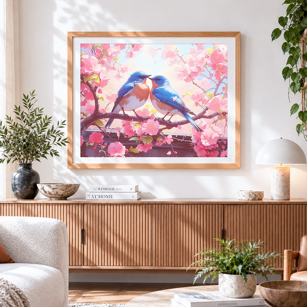 Finished two bluebirds on a cherry blossom branch cross stitch artwork displayed