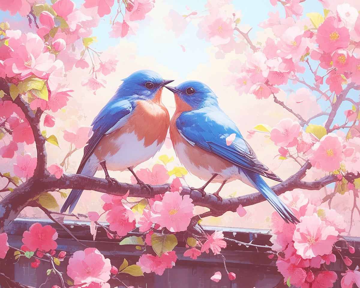 Two bluebirds on a cherry blossom branch cross stitch kit for beginners