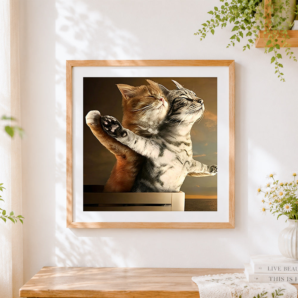 Finished two cats hugging in sunlight cross stitch artwork displayed