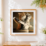 Finished two cats hugging in sunlight paint by numbers artwork displayed as home decor