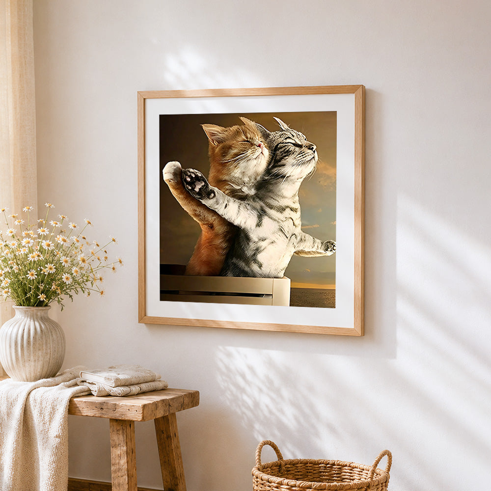 Two cats hugging in sunlight paint by numbers artwork displayed on wall as home decor